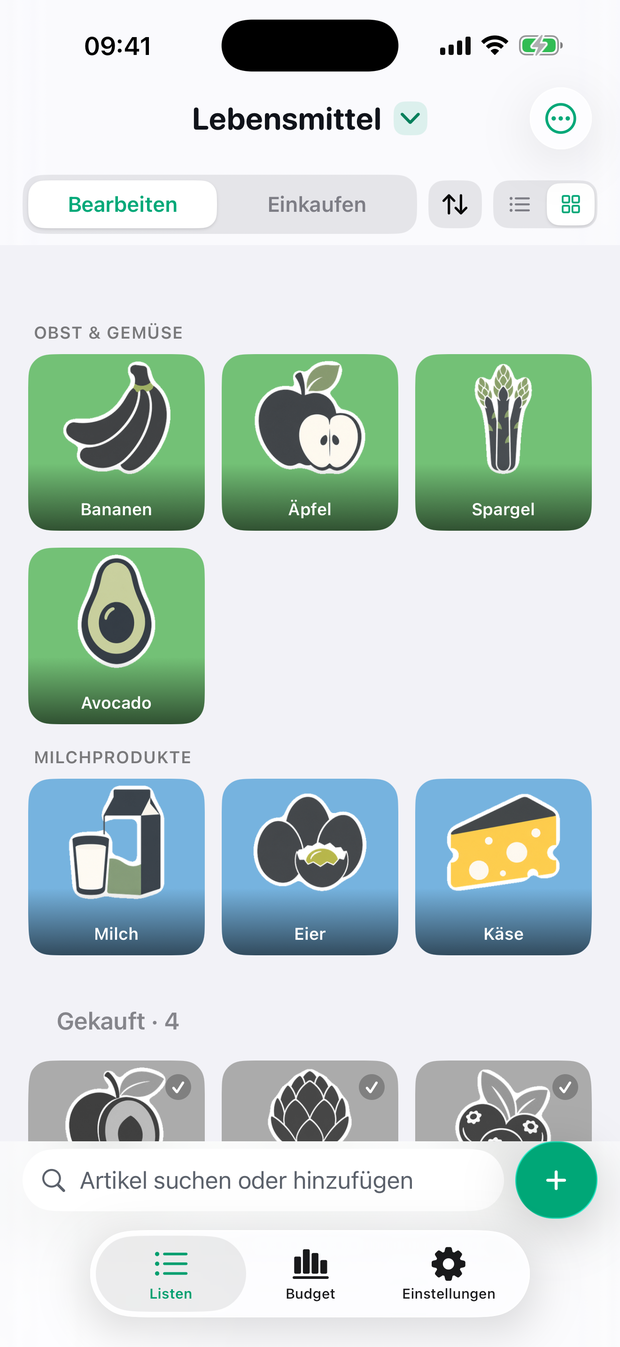 Plenty shopping list, grouped by aisle