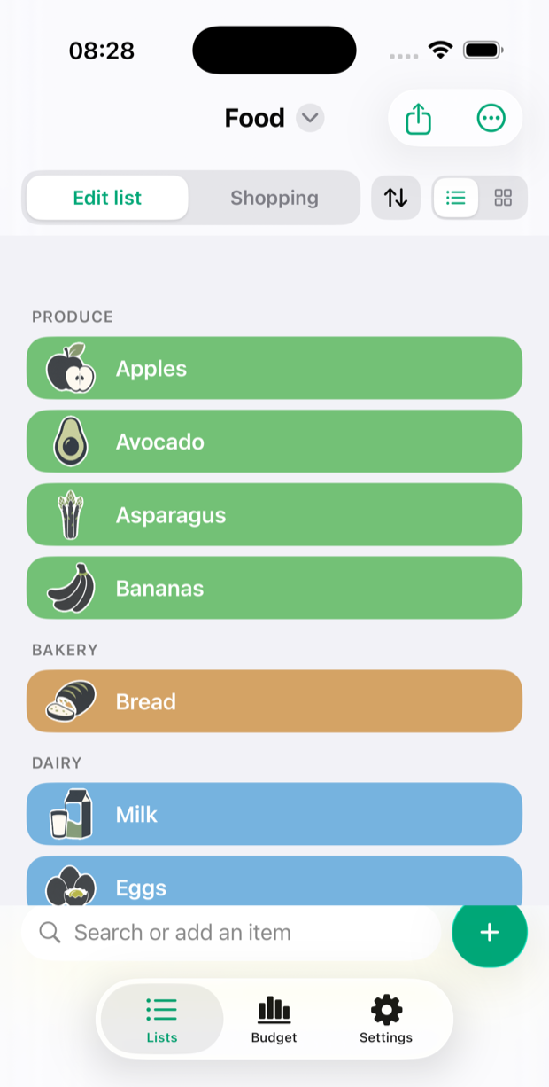 Plenty shopping list, grouped by aisle