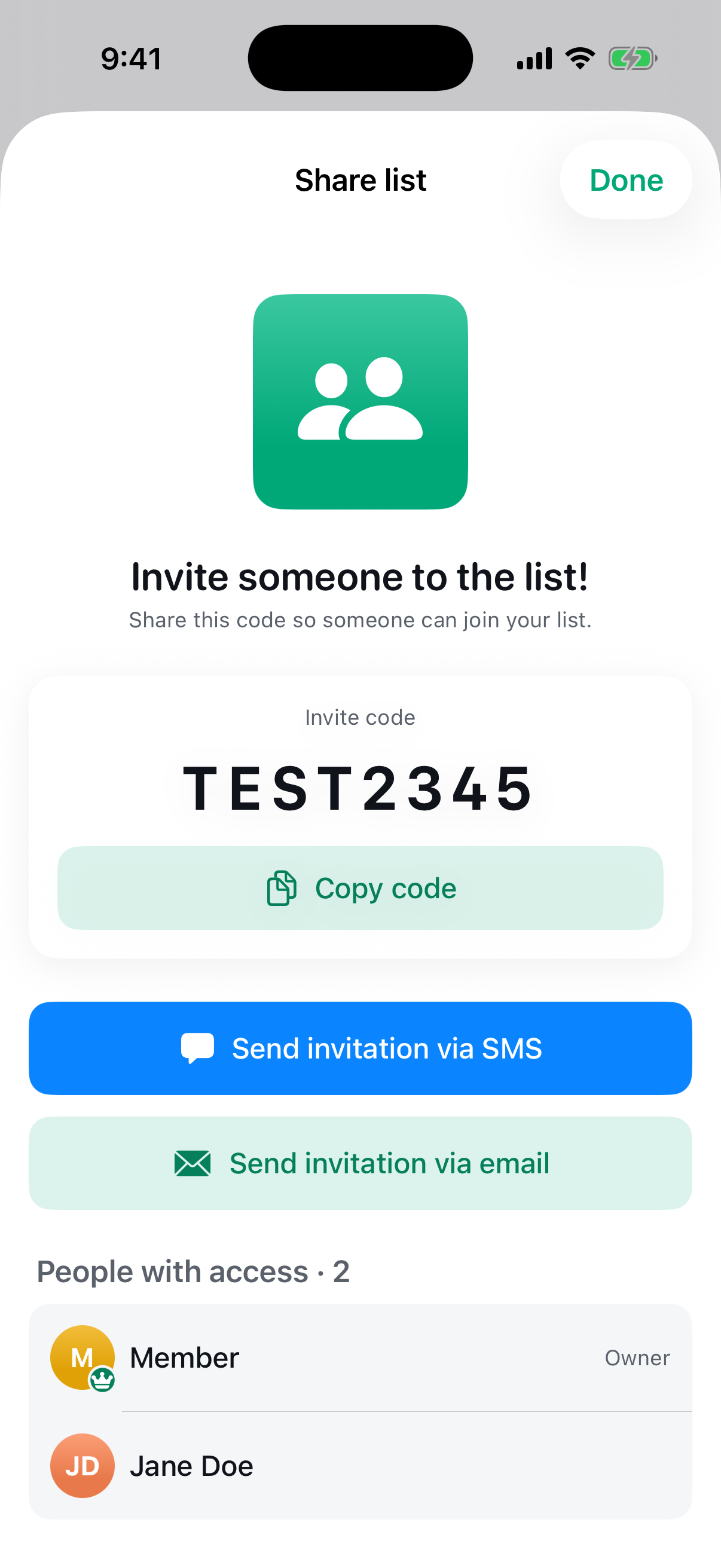 The Plenty app share sheet showing an invite code ready to be sent via SMS or email.