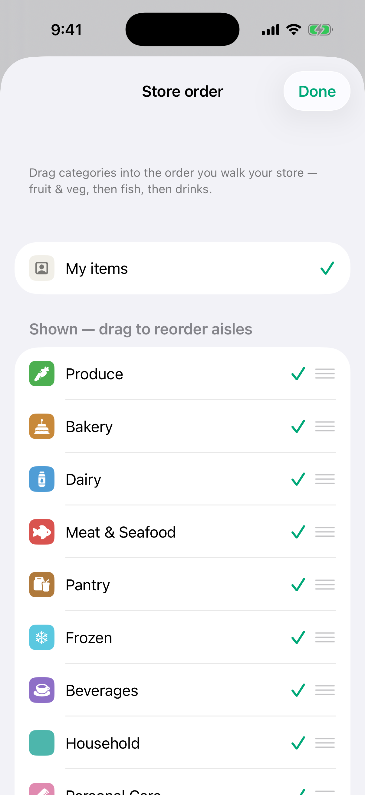 The Plenty app store order screen showing draggable grocery categories.