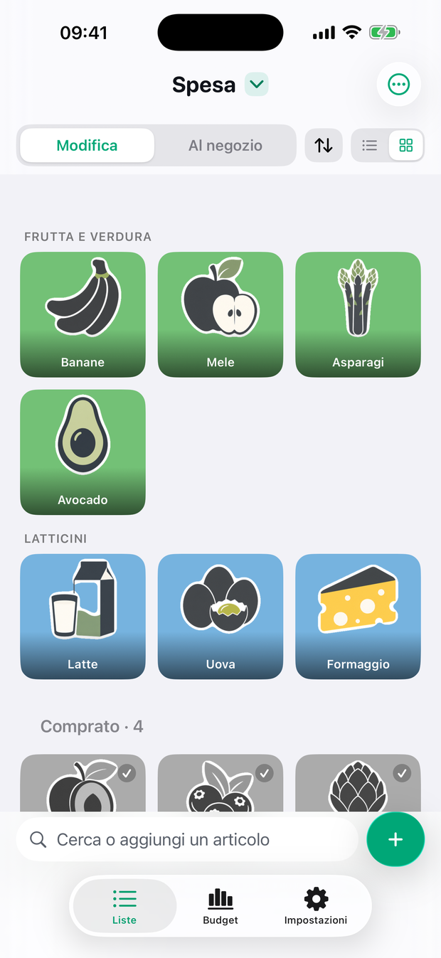 Plenty shopping list, grouped by aisle