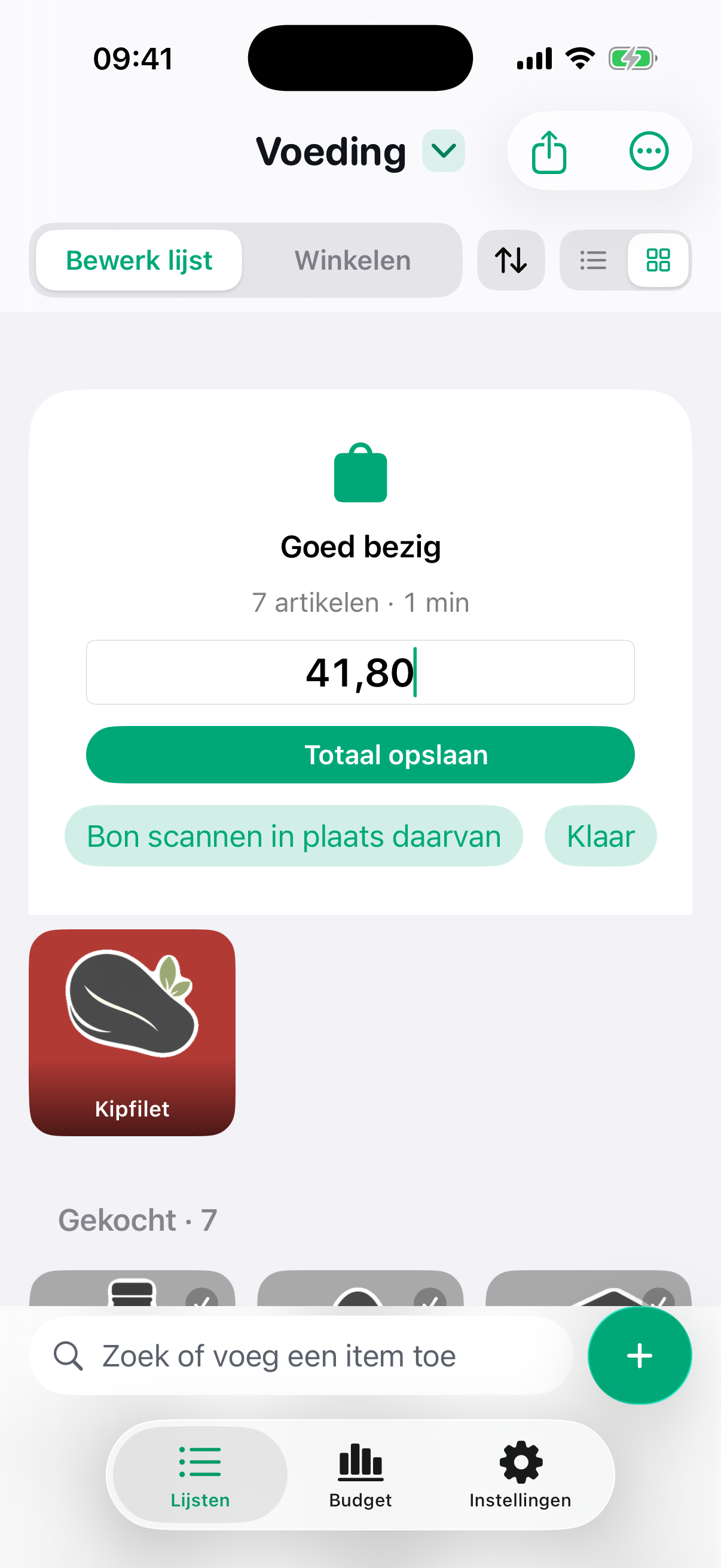 De afrondkaart van een boodschappenbeurt in Plenty: "Goed bezig", "7 artikelen · 1 min", een invulveld met 41,80 en de knop "Totaal opslaan", met daaronder "Bon scannen in plaats daarvan" en "Klaar".