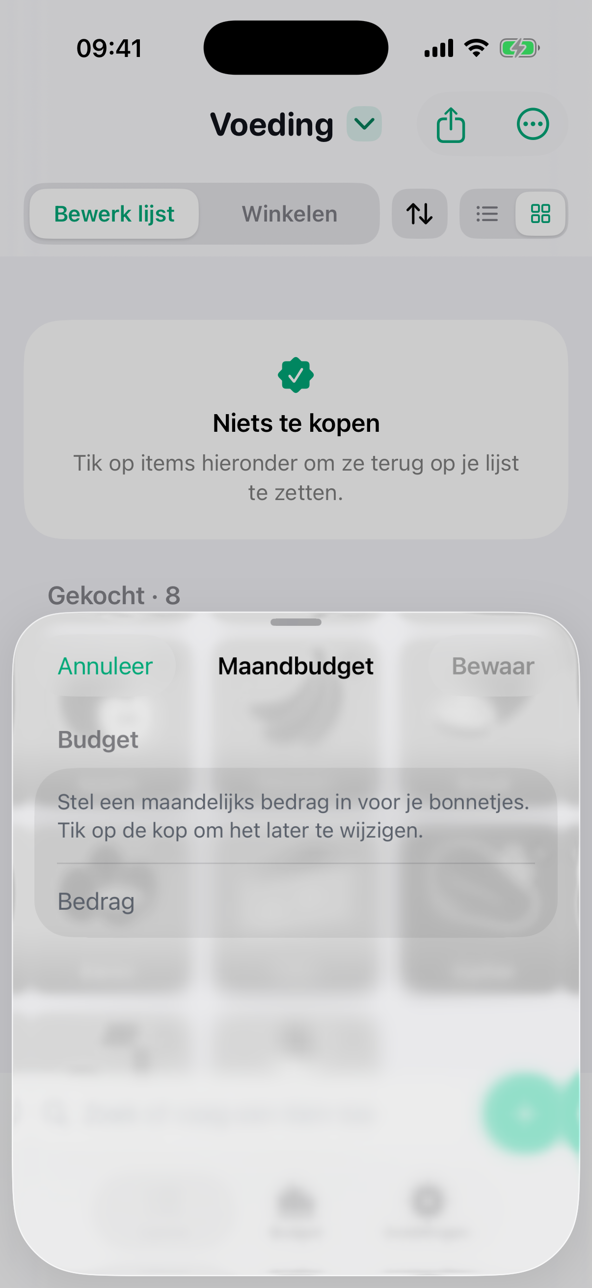 De halve sheet "Maandbudget" in Plenty, met de regel "Stel een maandelijks bedrag in voor je bonnetjes. Tik op de kop om het later te wijzigen.", een veld "Bedrag" en bovenaan de knoppen Annuleer en Bewaar.