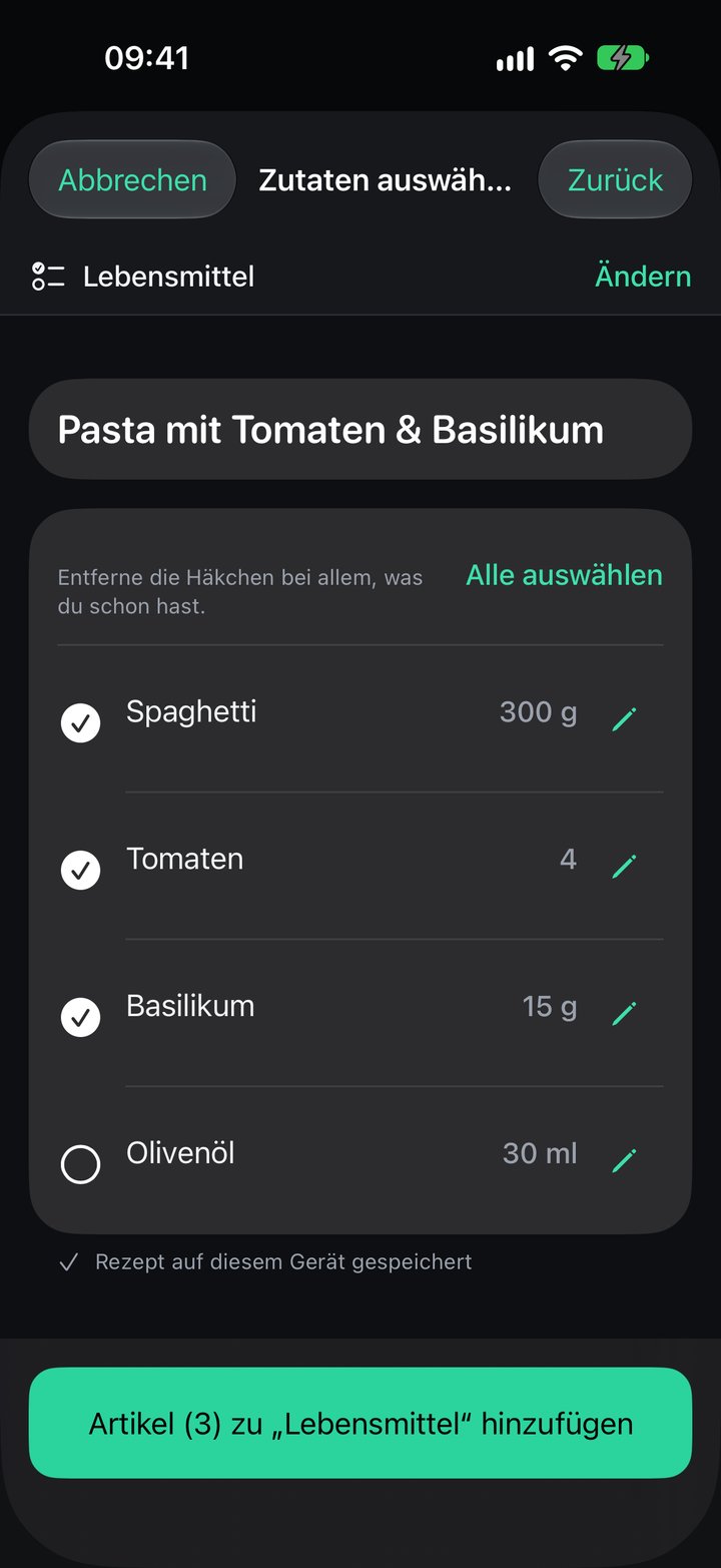 Zutatenprüfung in Plenty mit auswählbaren Zutaten, Mengen und der Aktion zum Hinzufügen zur Einkaufsliste