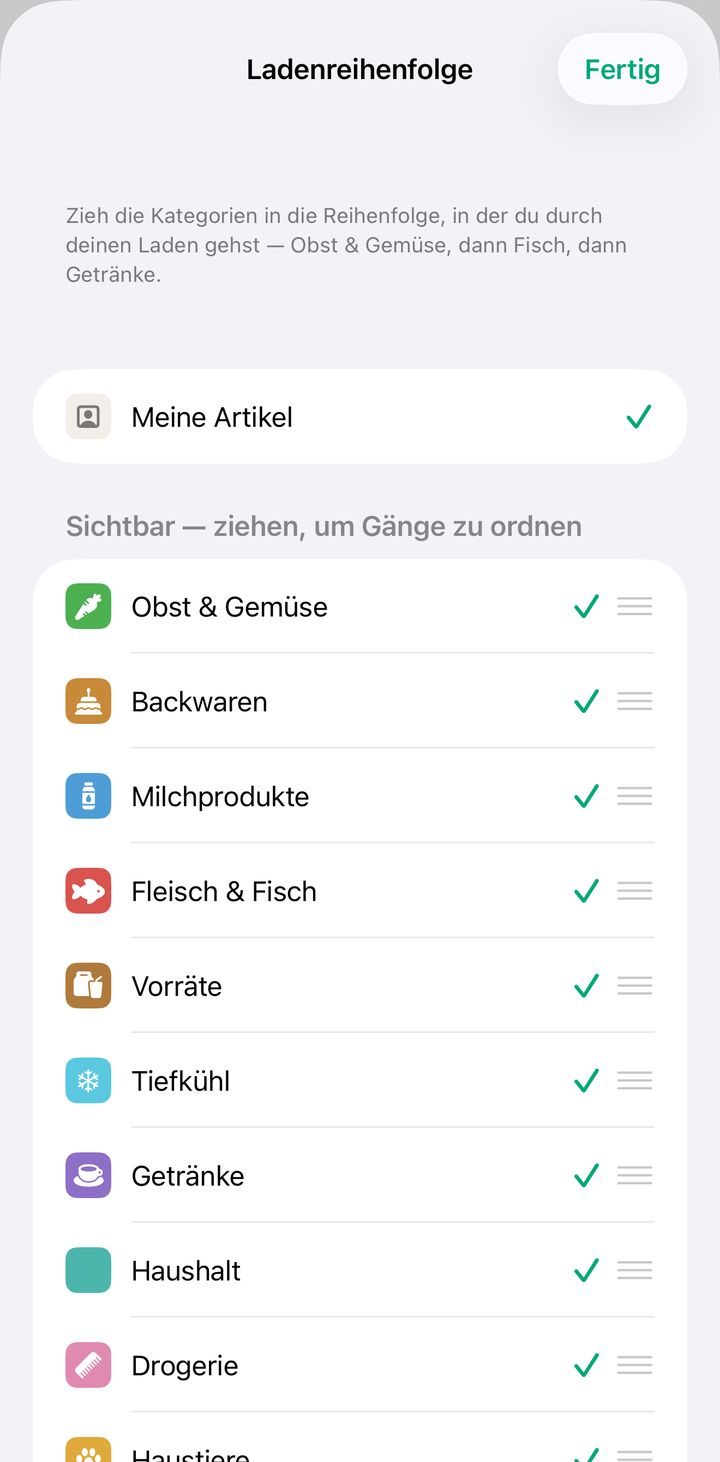 Plenty-Ansicht „Ladenreihenfolge“ mit Kategorien wie Obst & Gemüse, Backwaren und Milchprodukte zum Verschieben