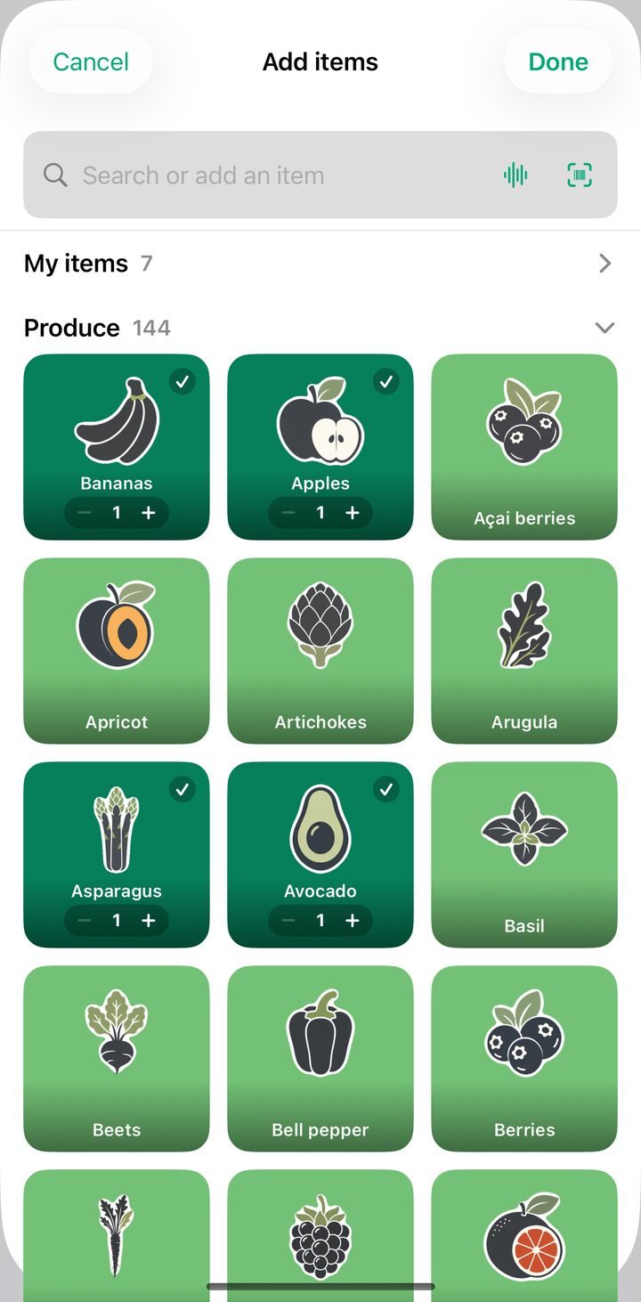 The Add items screen with the voice and barcode buttons in the search field