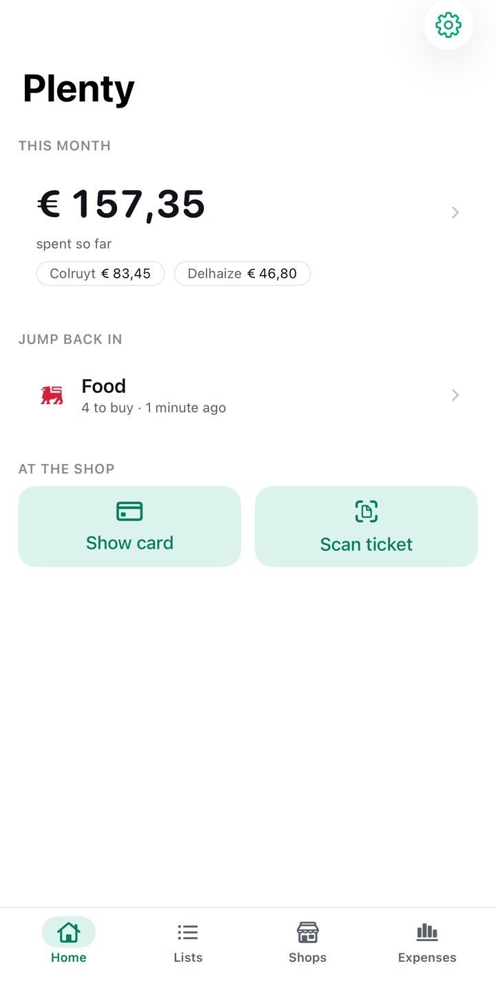 Plenty Home tab with this month's spending, the Food list and the Show card and Scan ticket buttons
