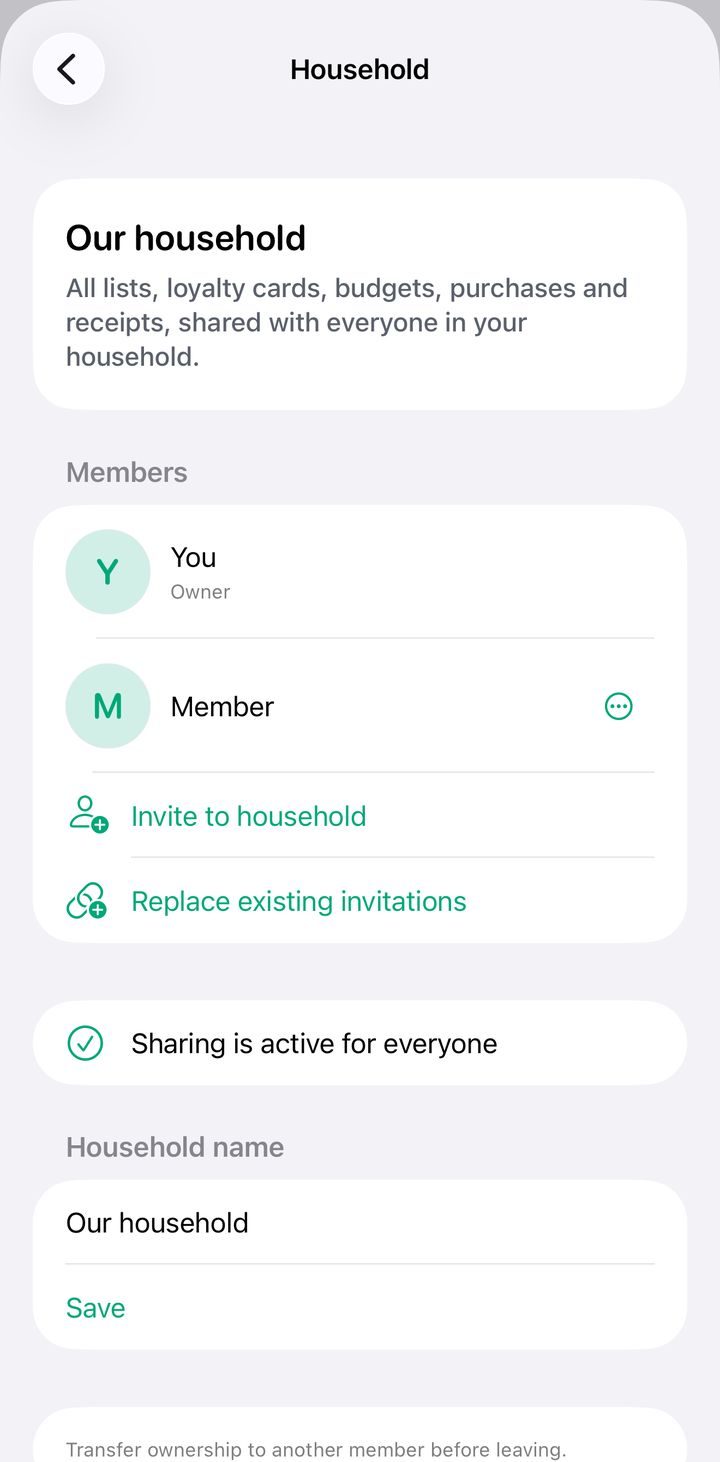 The Household screen with the owner, a member and the Invite to household button