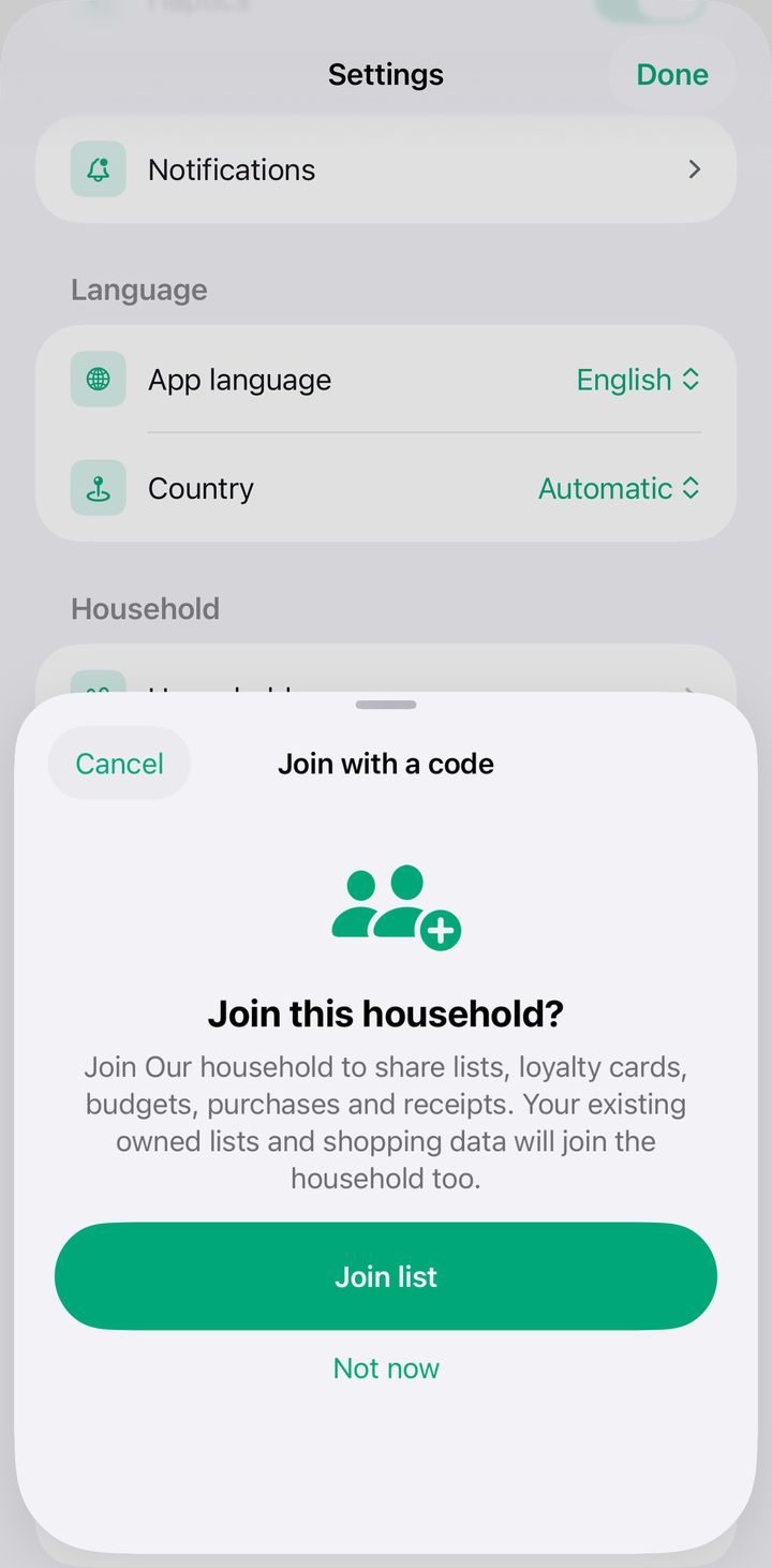 Plenty Join with a code sheet asking whether to join the household