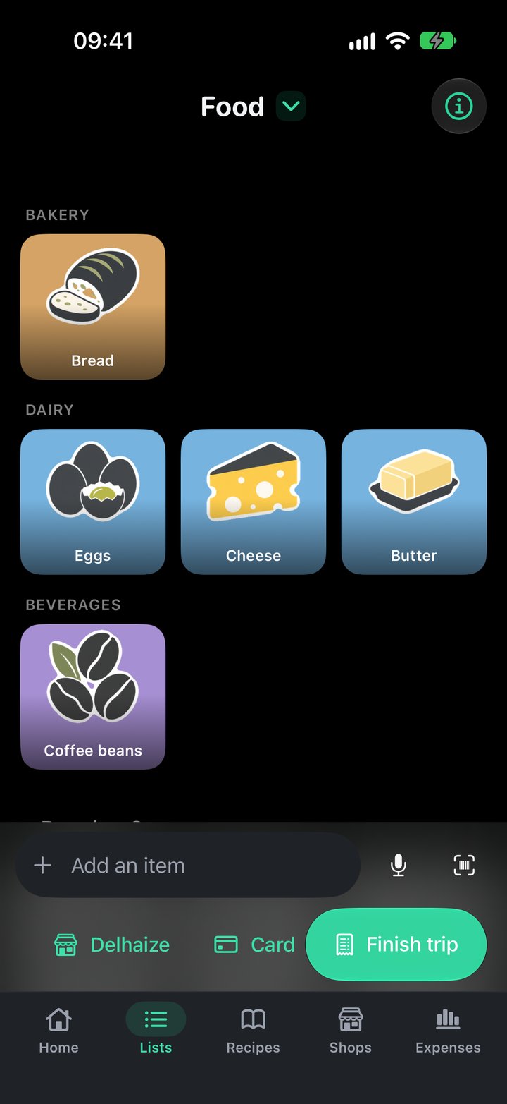 Plenty grocery list with product tiles, typing, voice, barcode, card and finish-trip controls