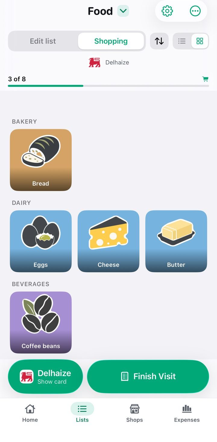 A Plenty list in Shopping mode with Bread, Eggs, Cheese and Butter tiles and the Finish Visit button