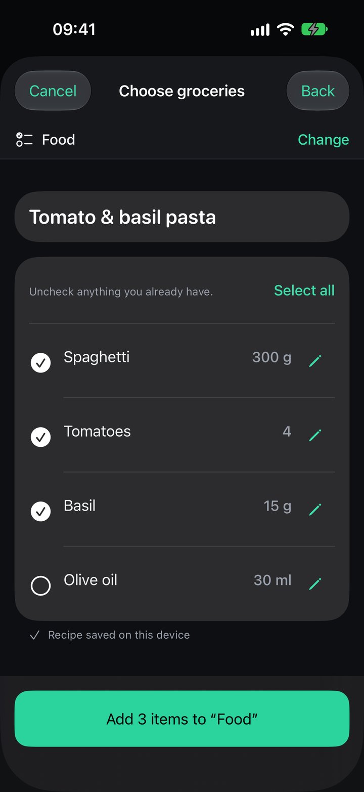 Plenty ingredient review with selectable ingredients, quantities and the action to add them to a shopping list