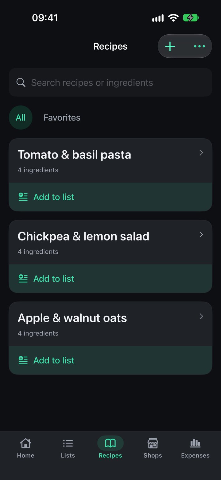 Plenty saved recipe library with recipe cards and the import button
