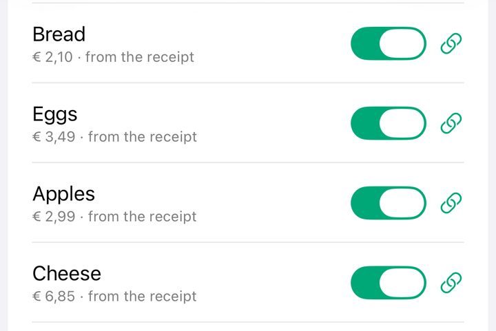 Receipt lines matched to list items in Plenty, each with a price from the receipt
