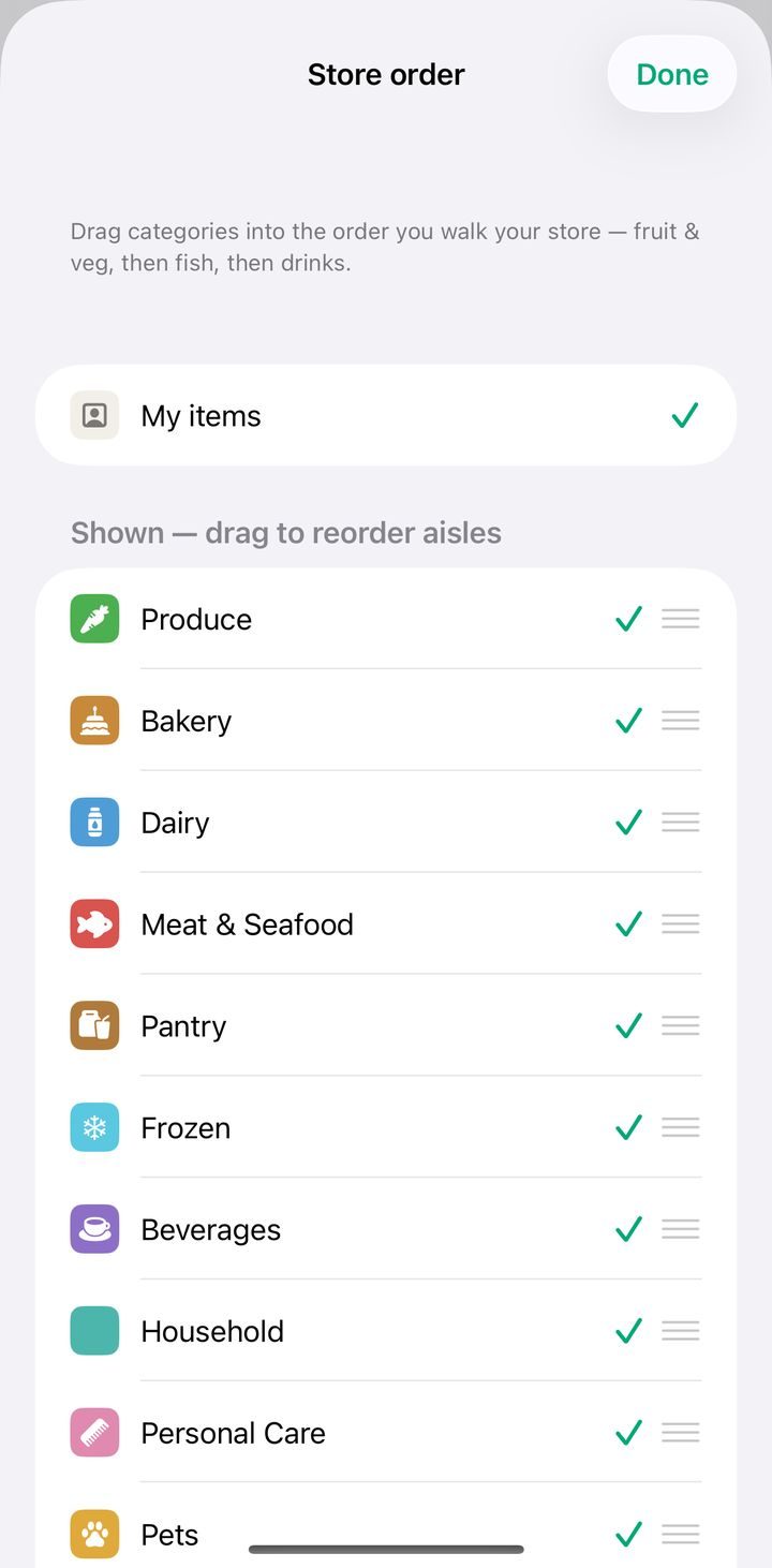 The Store order screen with categories to drag into place