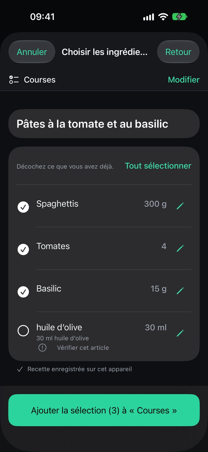 Vérification des ingrédients dans Plenty avec sélection, quantités et ajout à une liste de courses