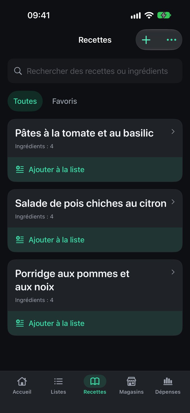 Bibliothèque de Plenty avec recettes enregistrées et commandes d’import