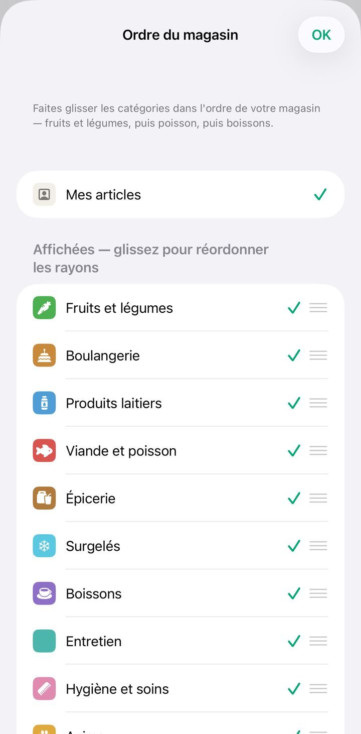 Écran Ordre du magasin de Plenty avec des catégories de rayons à faire glisser