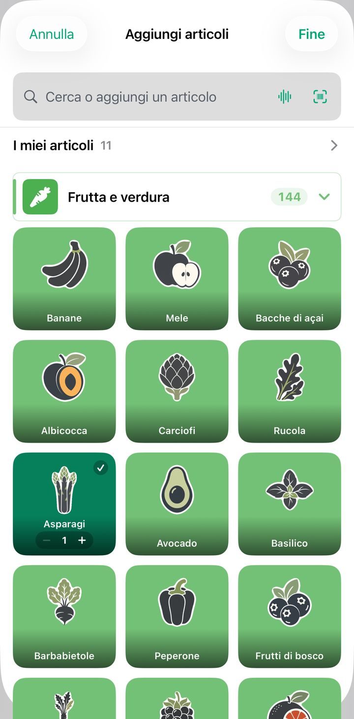 Schermata Aggiungi articoli di Plenty con il campo di ricerca, i pulsanti Voce e codice a barre e le caselle di Frutta e verdura