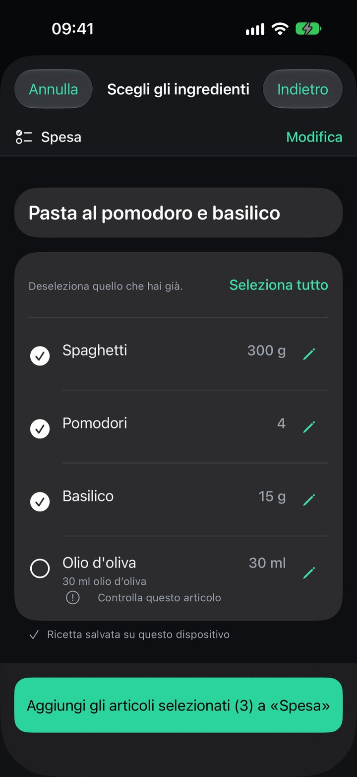 Revisione degli ingredienti in Plenty con selezione, quantità e aggiunta a una lista della spesa