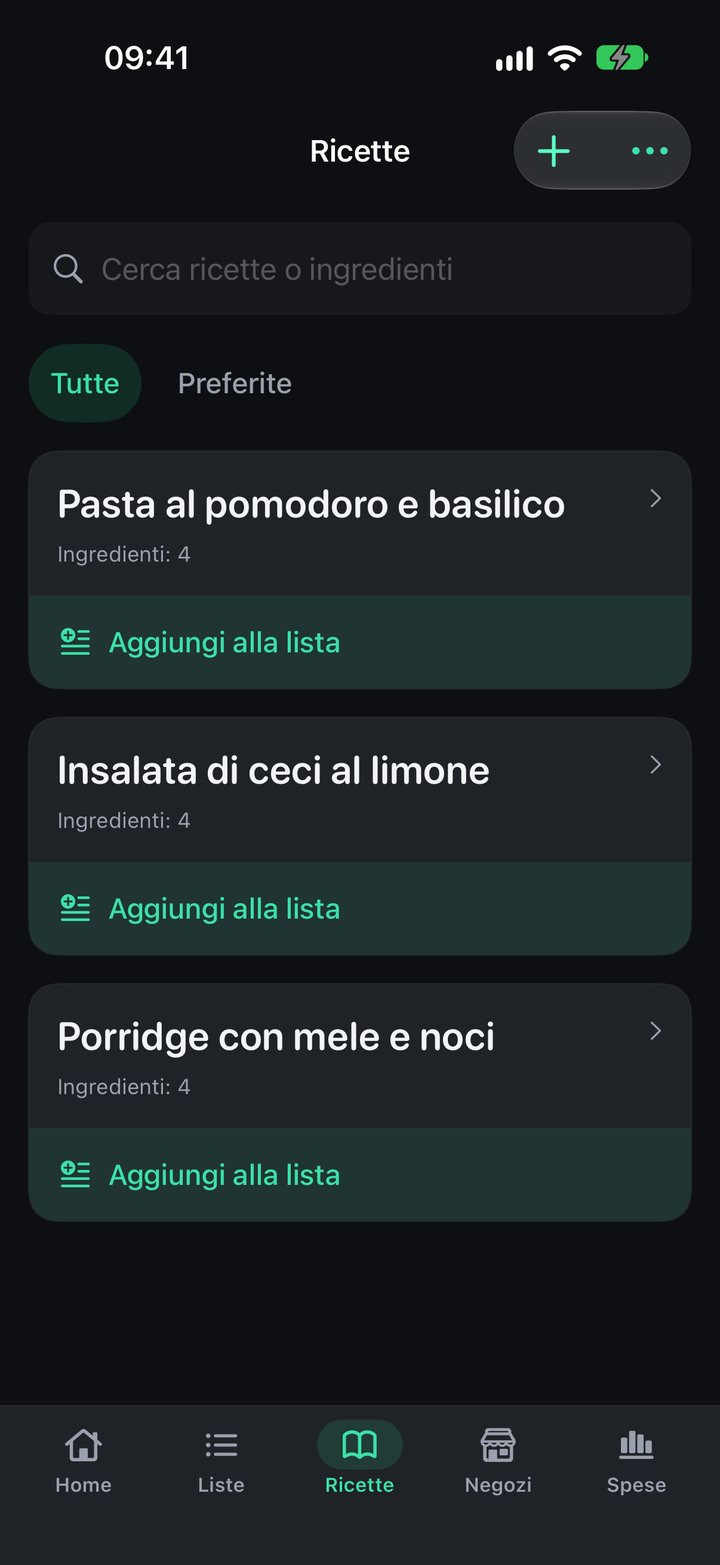 Ricettario di Plenty con ricette salvate e comandi di importazione