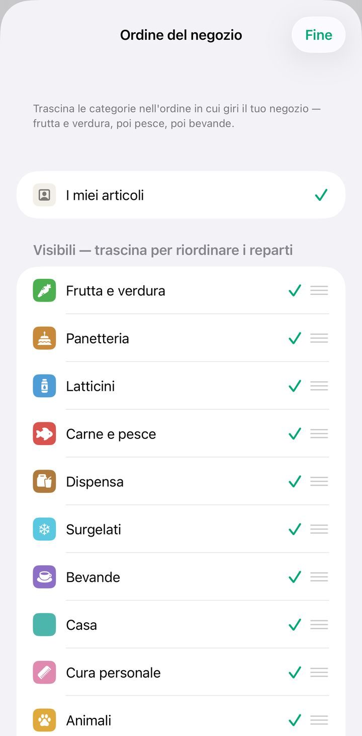 Schermata Ordine del negozio di Plenty con i reparti Frutta e verdura, Panetteria, Latticini e Carne e pesce, ognuno con la maniglia per trascinarlo