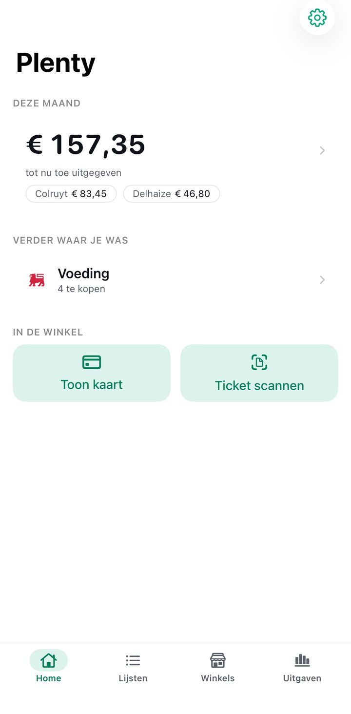 Het tabblad Home in Plenty met de uitgaven van deze maand, de lijst Voeding en de knoppen Toon kaart en Ticket scannen