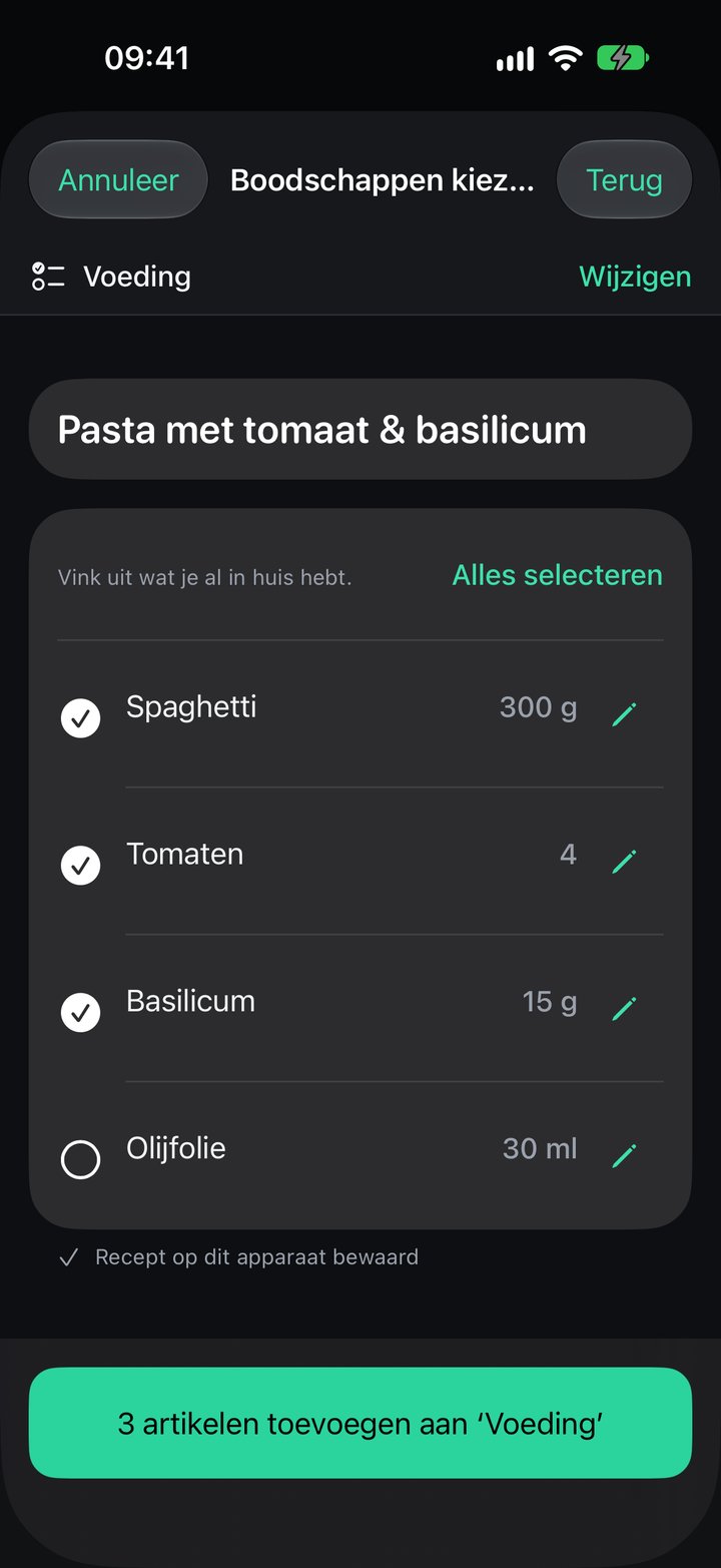 Ingrediëntencontrole in Plenty met selecteerbare ingrediënten, hoeveelheden en de knop om ze aan een boodschappenlijst toe te voegen