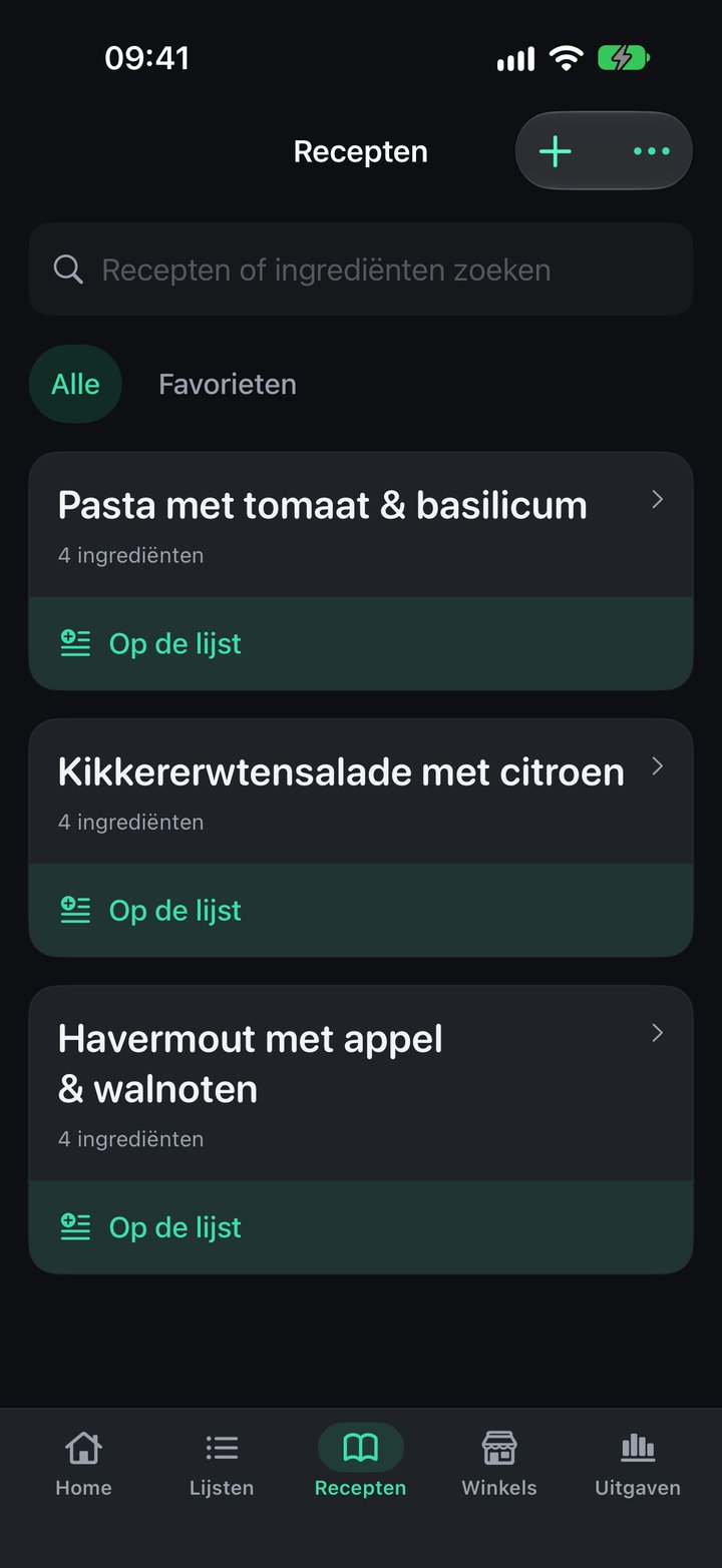 De receptenbibliotheek van Plenty met opgeslagen recepten en importknoppen