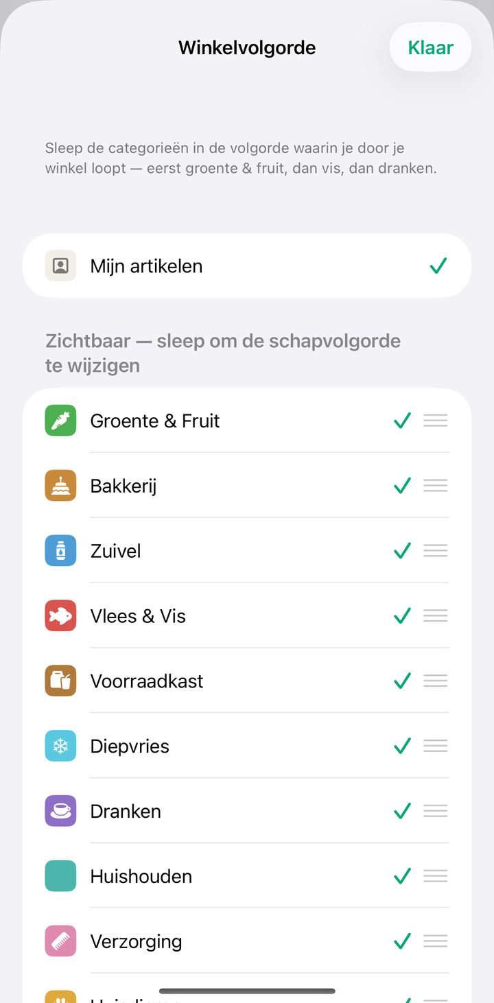 Het scherm Winkelvolgorde met categorieën als Groente & Fruit, Bakkerij, Zuivel en Vlees & Vis, elk met een sleepgreep